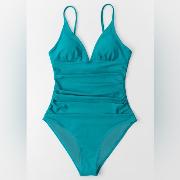 Cupshe Women's Teal Ruched Vacation One Piece Swimsuit Plunging Neckline Size XL - Picture 4 of 7